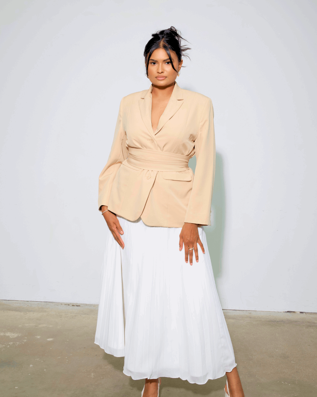 The Desert Rose Blazer & White Pleated Skirt Set