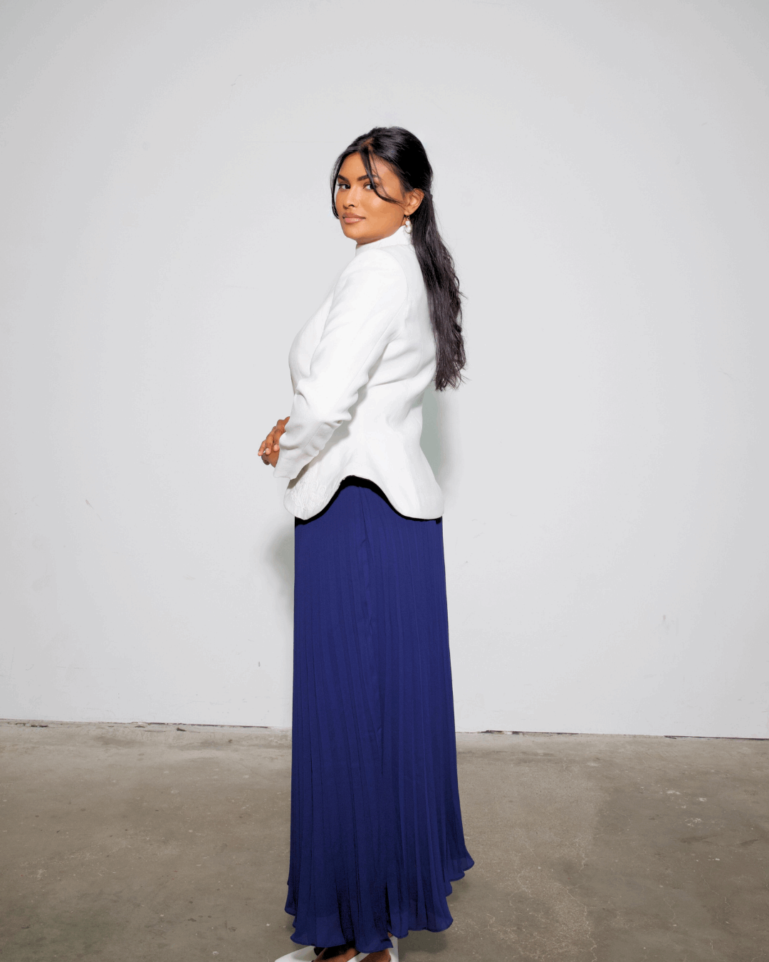 The Noor Embroidered Blazer & Blue Pleated Skirt Set