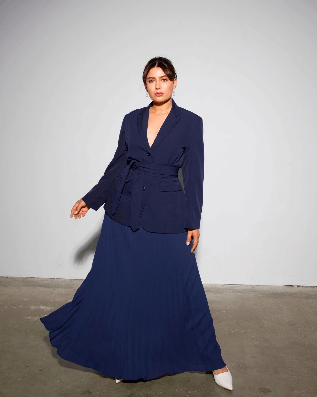 The Aurora Blazer & Blue Pleated Skirt Set