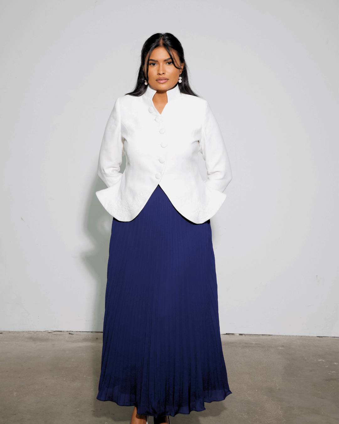 The Noor Embroidered Blazer & Blue Pleated Skirt Set