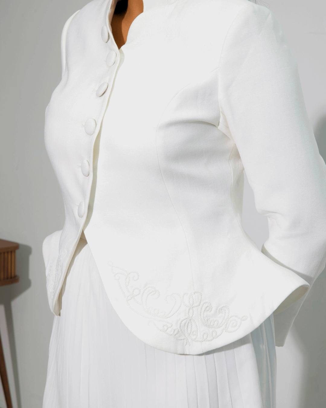 The Noor Embroidered Blazer & White Pleated Skirt Set