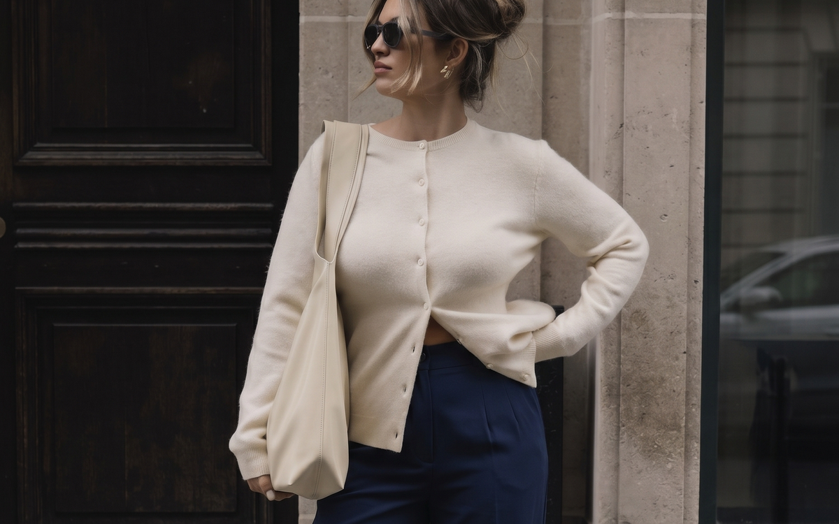 Pantaloni Faza Atelier blu navy a vita alta che seguono la vita, portati con un cardigan crema