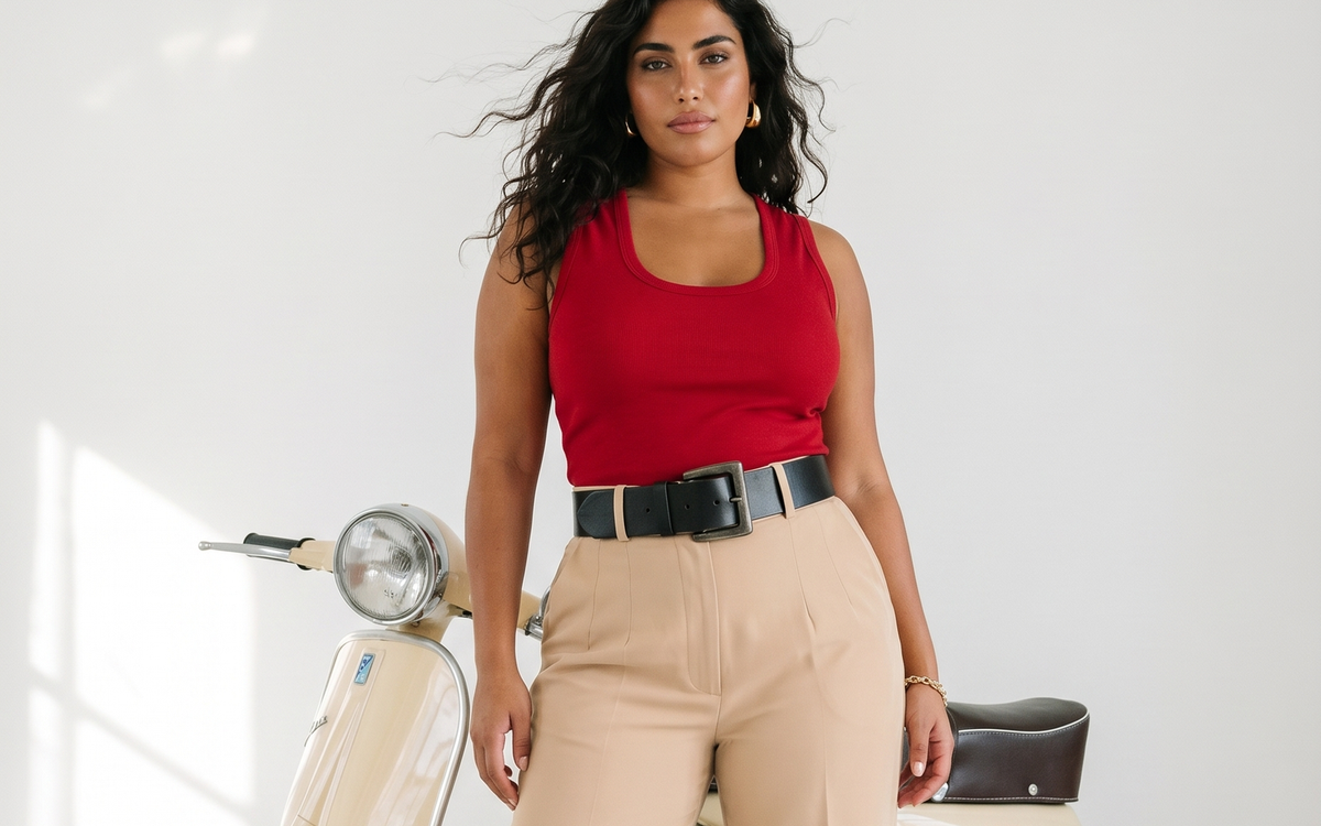 Pantalon Faza Atelier champagne taille haute avec ceinture, coupe curvy sur une silhouette dessinée