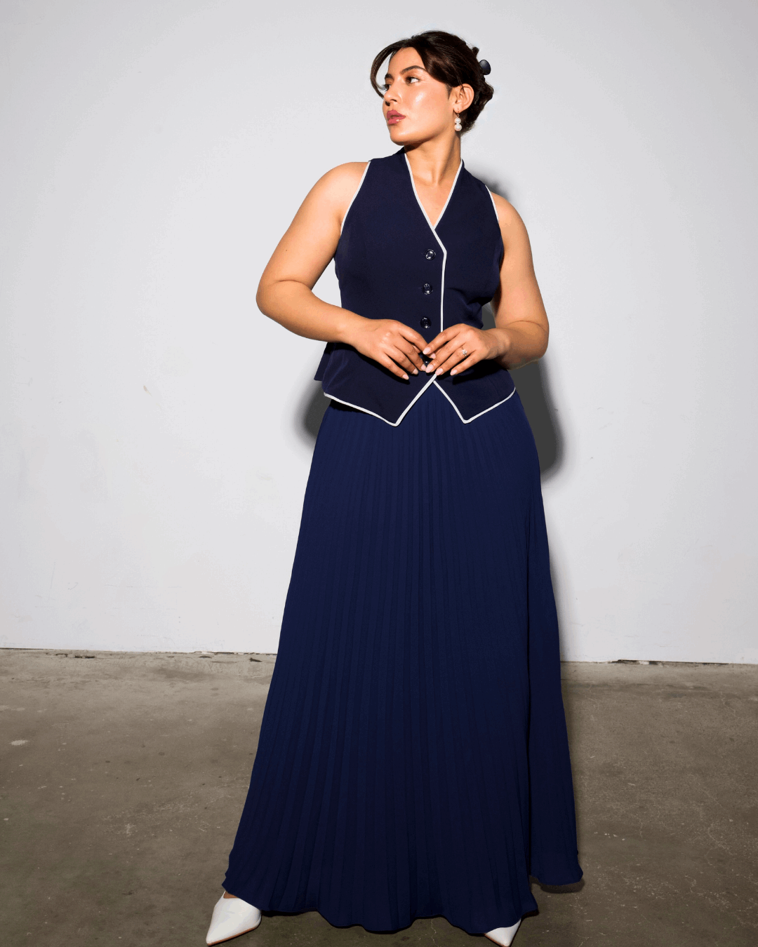The Aurora Waistcoat & Blue Pleated Skirt Set