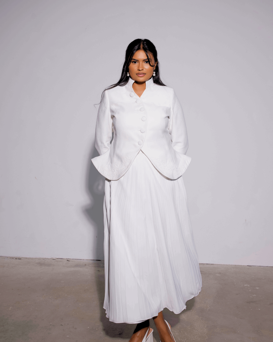 The Noor Embroidered Blazer & White Pleated Skirt Set