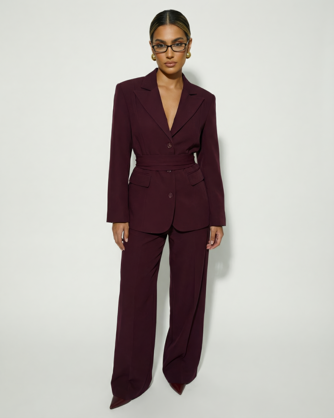 The Bordeaux Blazer with Belt & Trousers Set