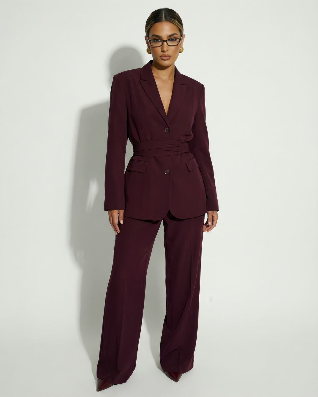 The Bordeaux Blazer with Belt & Trousers Set