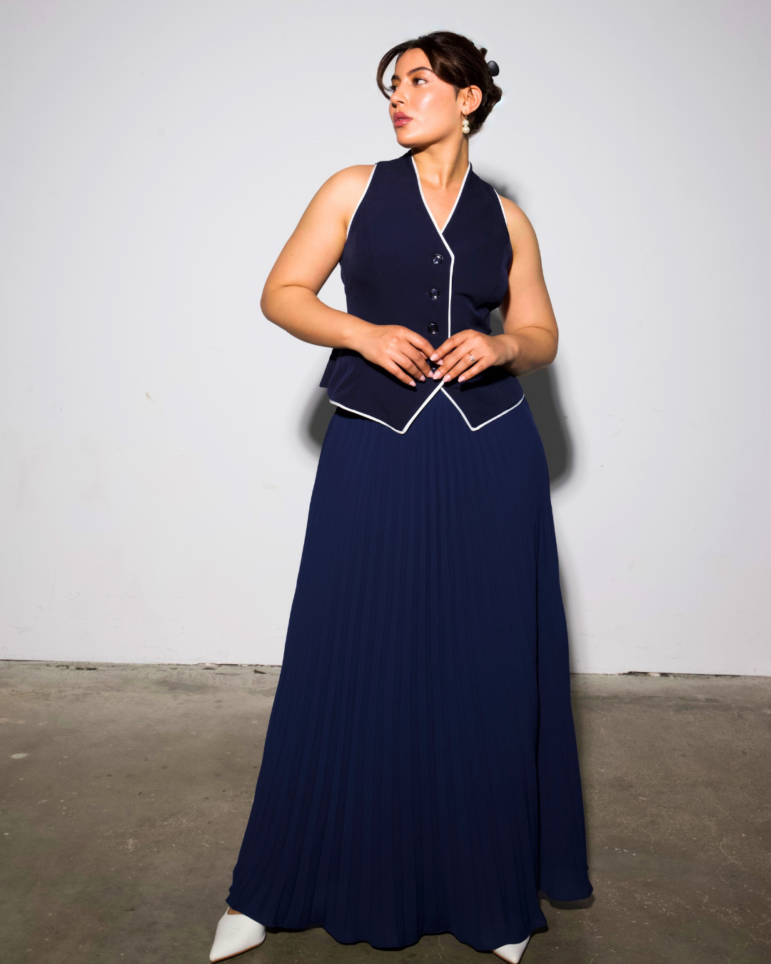 The Aurora Waistcoat & Blue Pleated Skirt Set