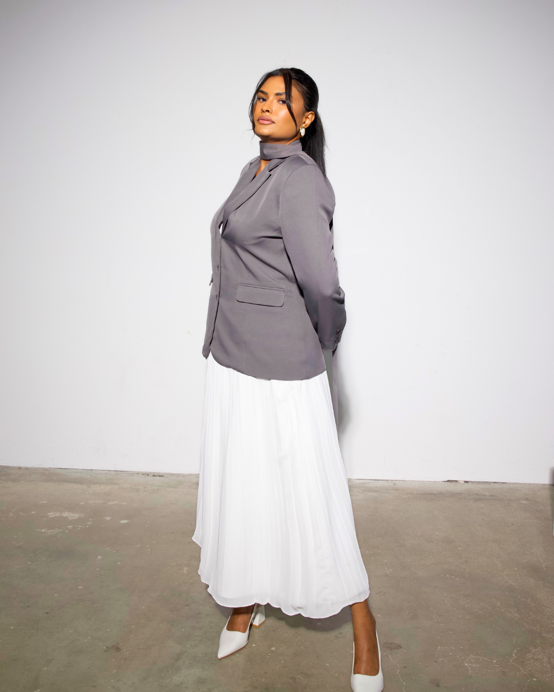 The Saja Blazer & White Pleated Skirt Set