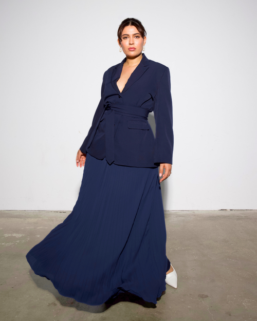 The Aurora Blazer & Blue Pleated Skirt Set