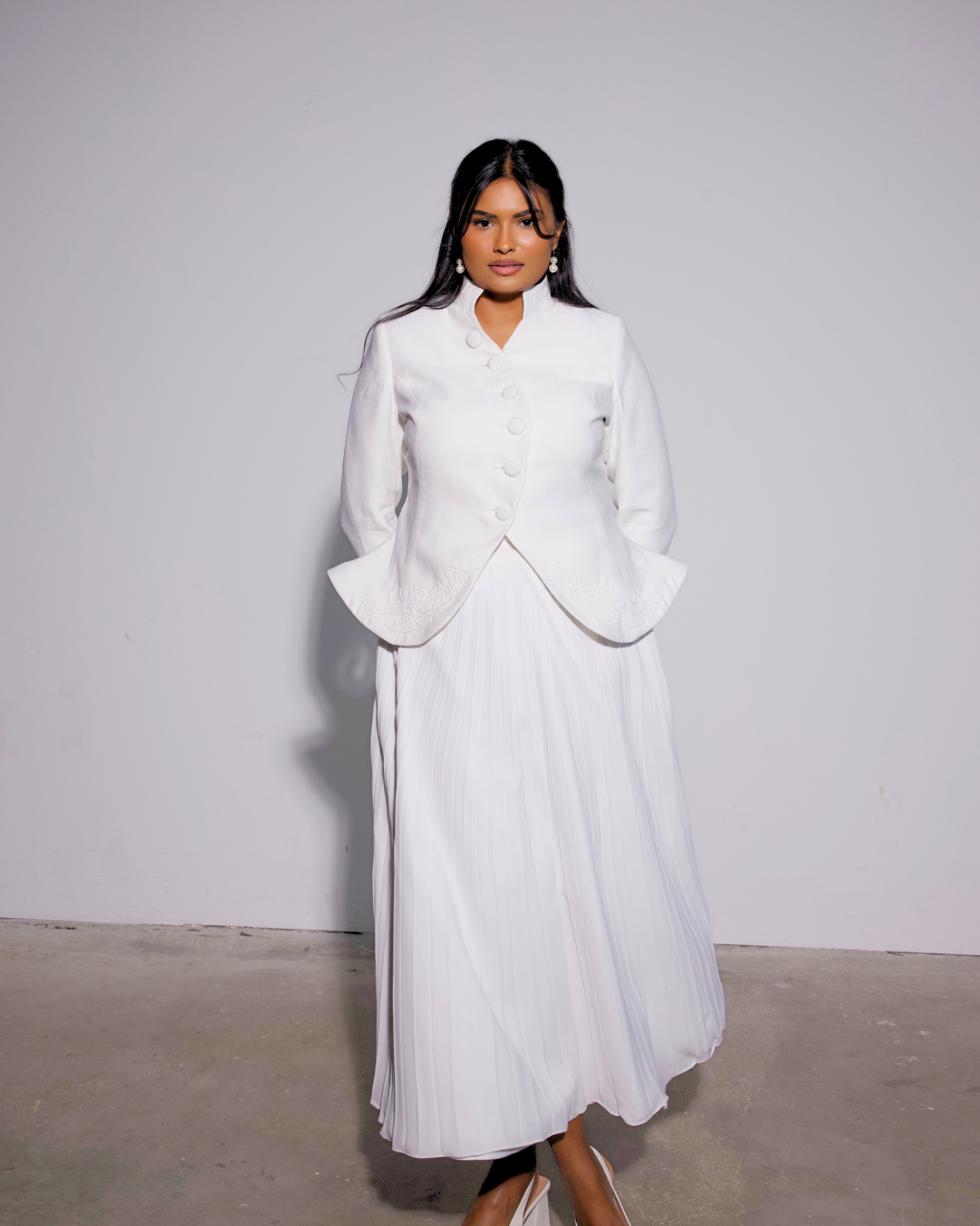 The Noor Embroidered Blazer & White Pleated Skirt Set