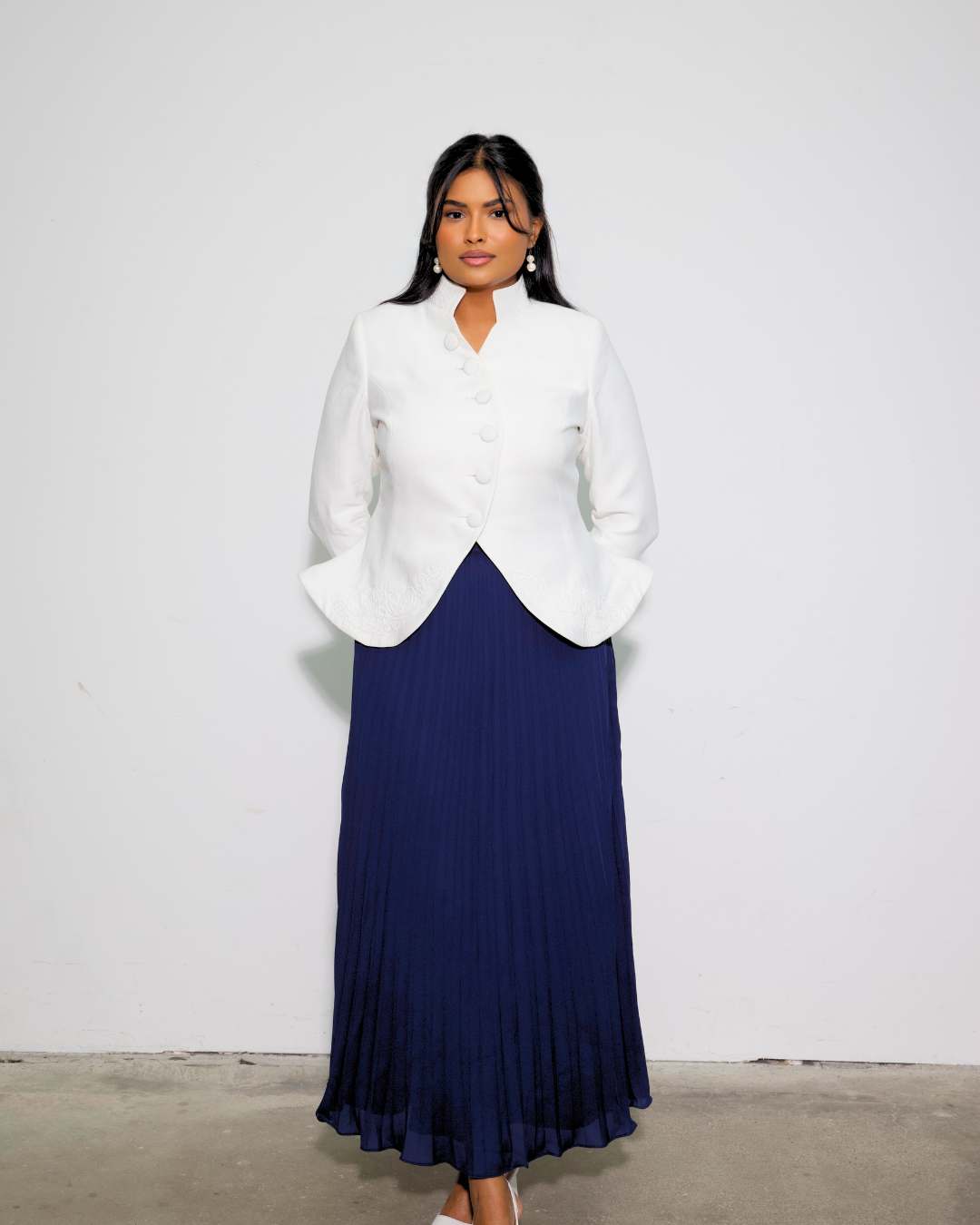 The Noor Embroidered Blazer & Blue Pleated Skirt Set