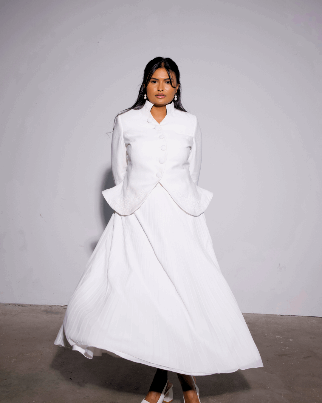 The Noor Embroidered Blazer & White Pleated Skirt Set