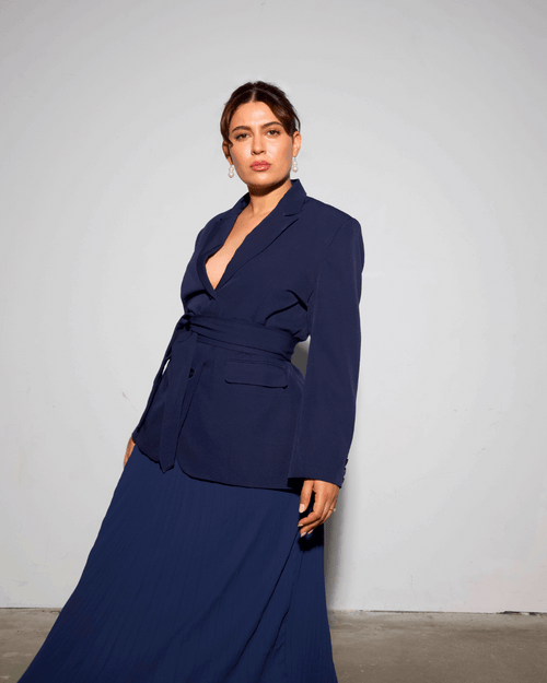 The Aurora Blazer & Blue Pleated Skirt Set