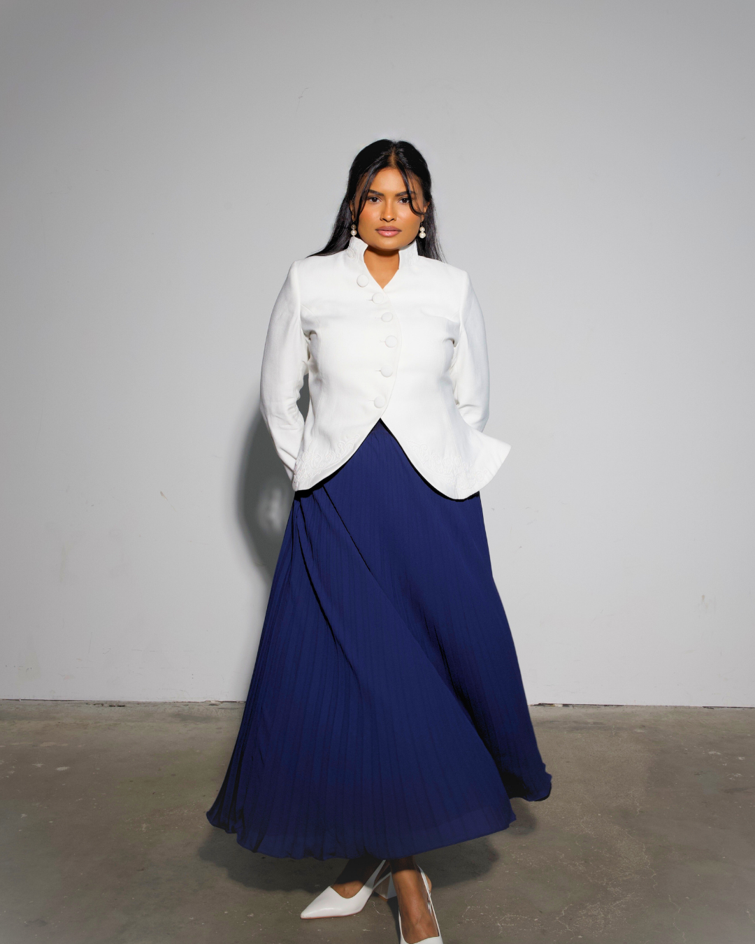 The Noor Embroidered Blazer & Blue Pleated Skirt Set