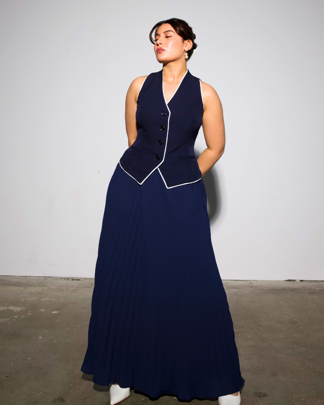 The Aurora Waistcoat & Blue Pleated Skirt Set