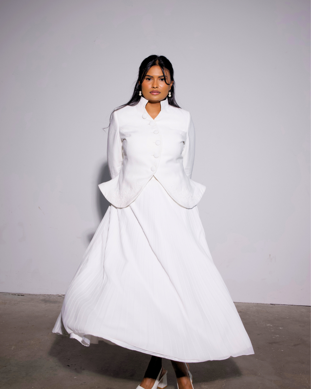 The Noor Embroidered Blazer & White Pleated Skirt Set