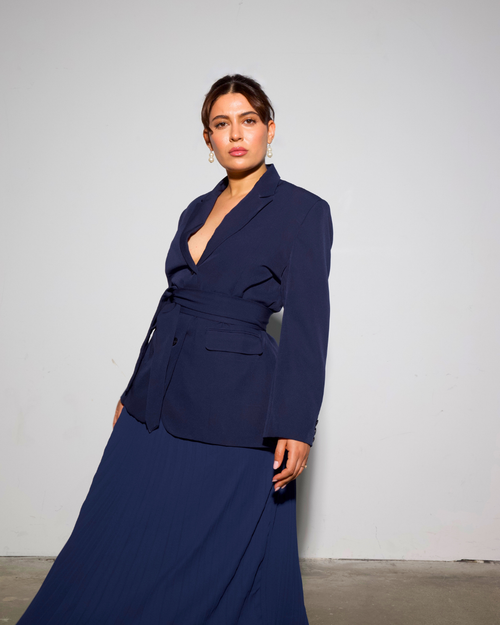 The Aurora Blazer & Blue Pleated Skirt Set