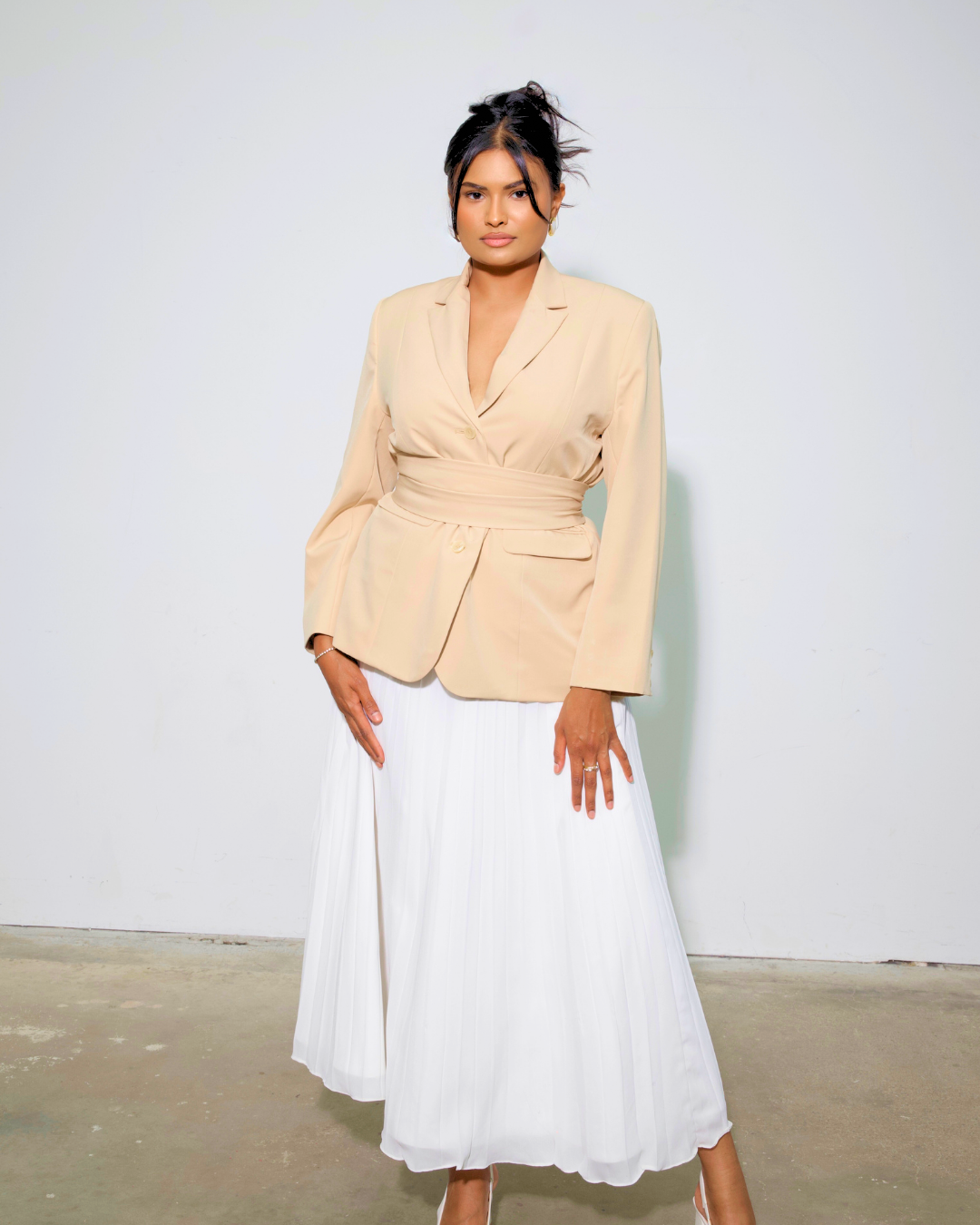 The Desert Rose Blazer & White Pleated Skirt Set