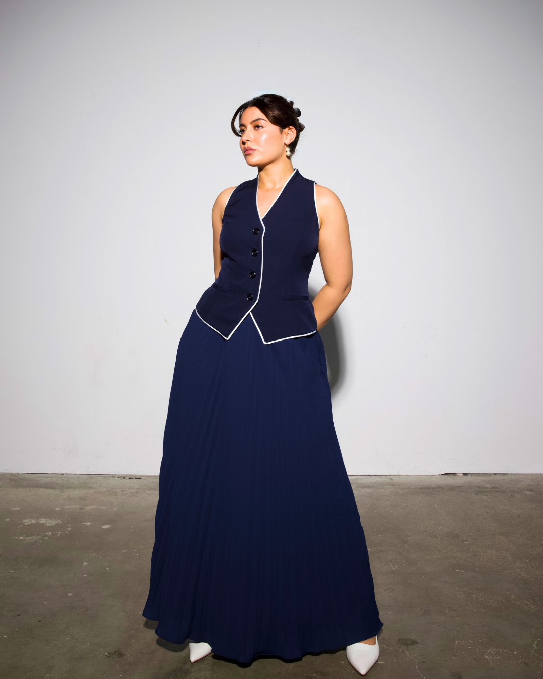 The Aurora Waistcoat & Blue Pleated Skirt Set