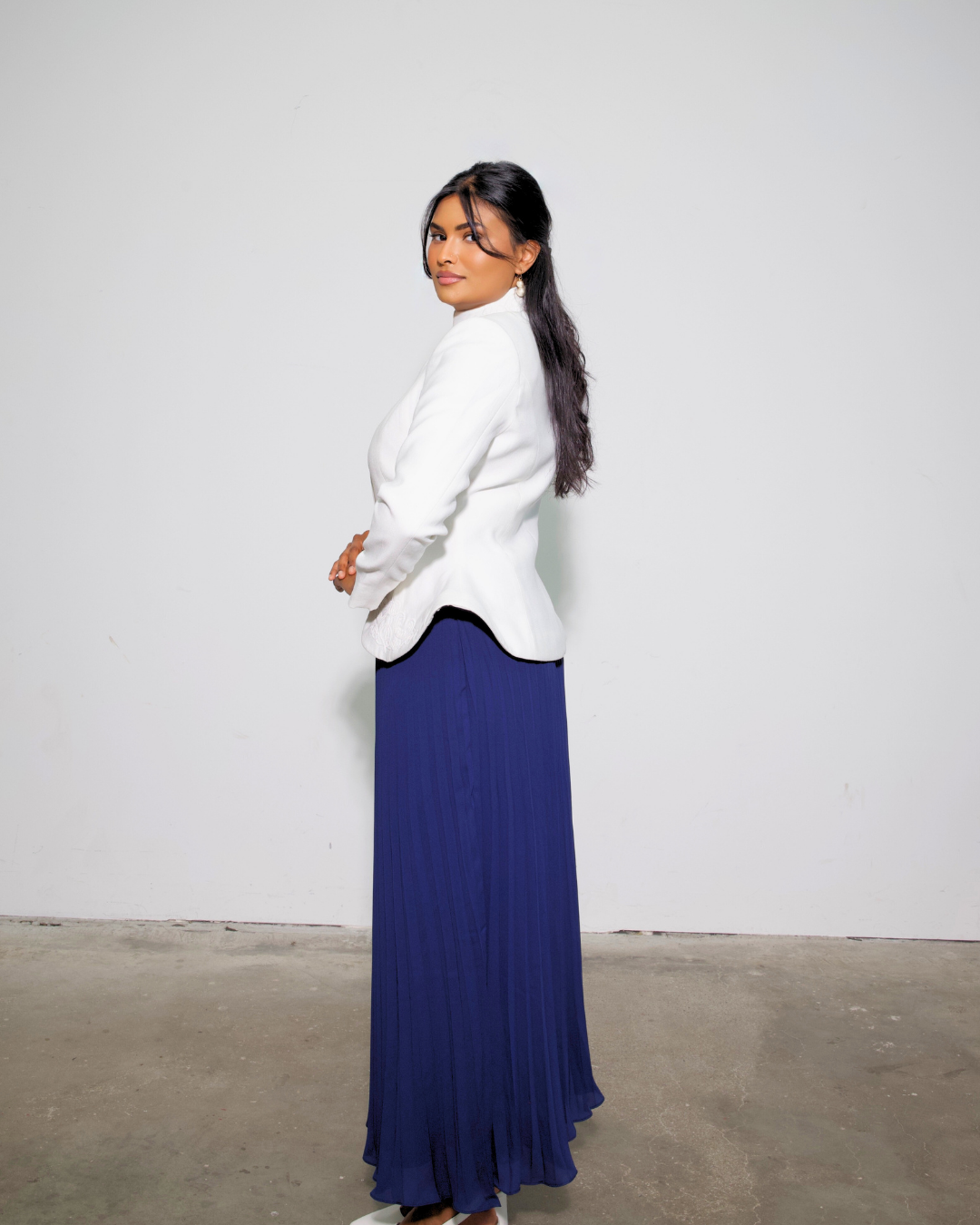 The Noor Embroidered Blazer & Blue Pleated Skirt Set