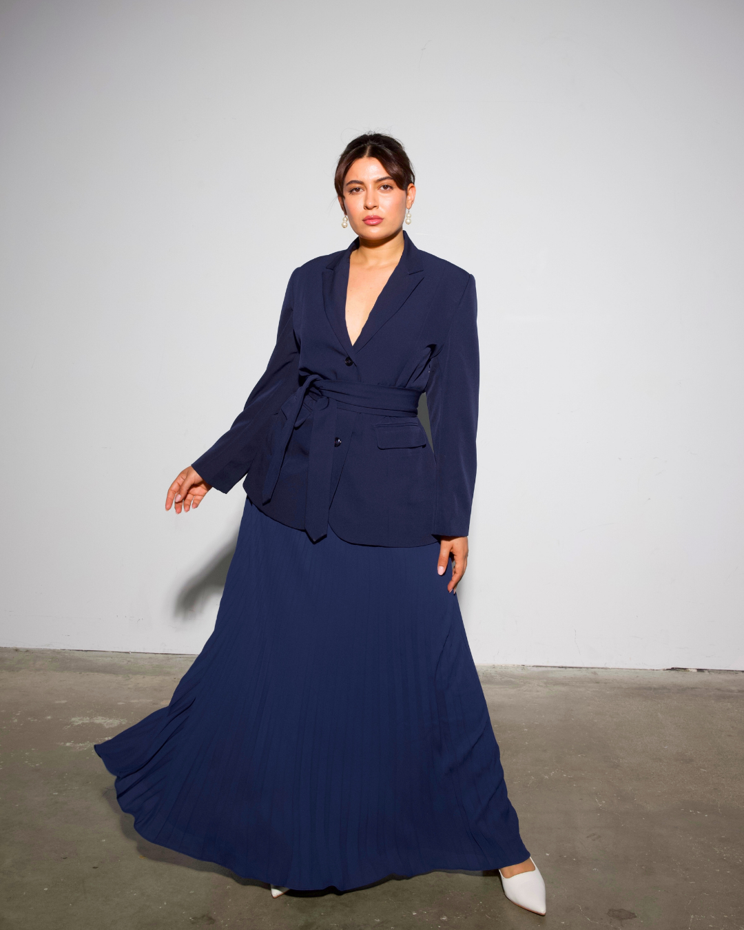 The Aurora Blazer & Blue Pleated Skirt Set