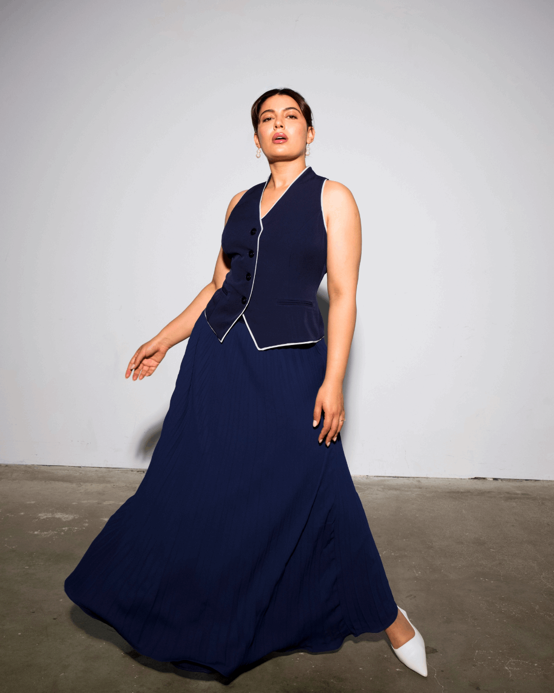 The Aurora Waistcoat & Blue Pleated Skirt Set