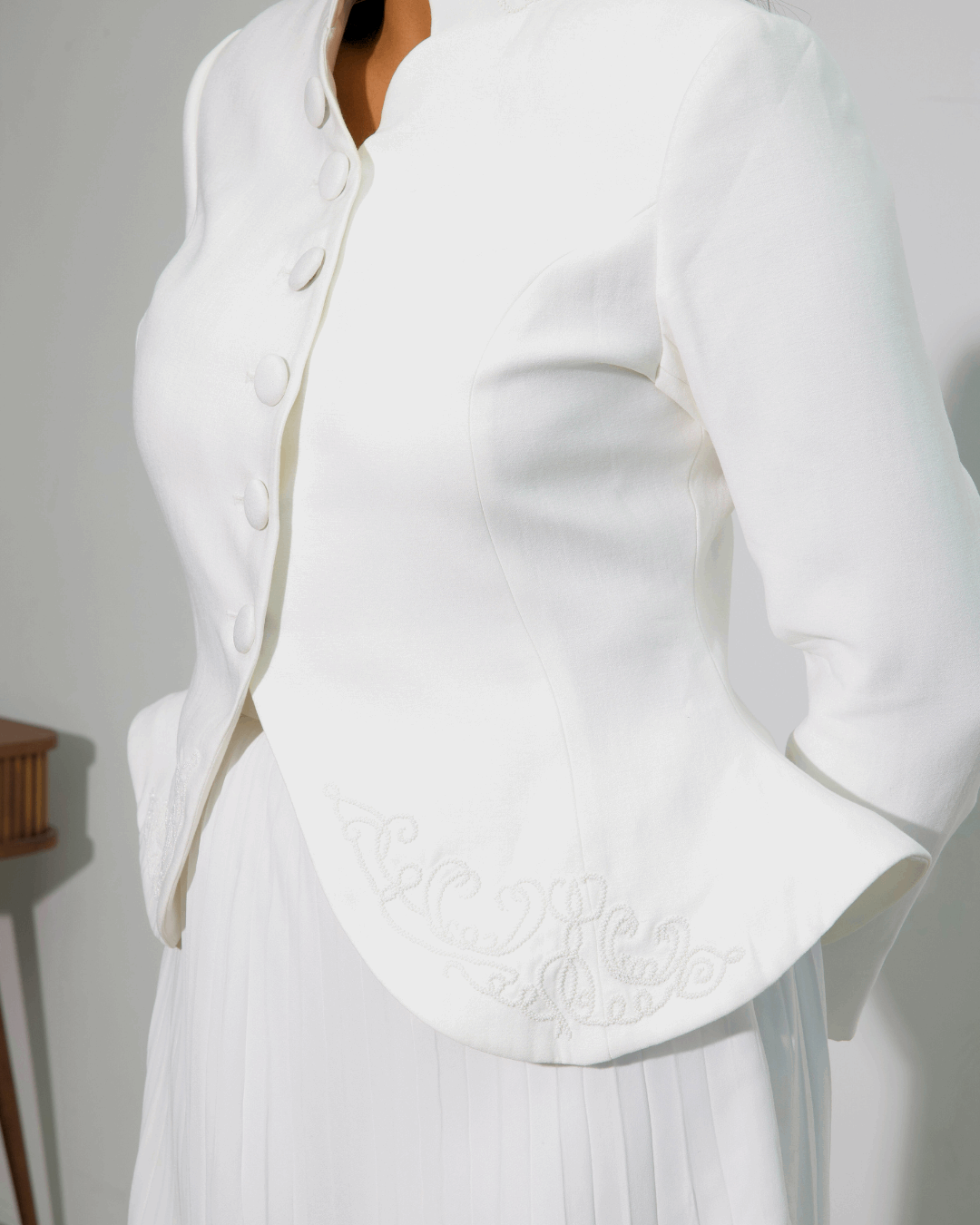 The Noor Embroidered Blazer & White Pleated Skirt Set