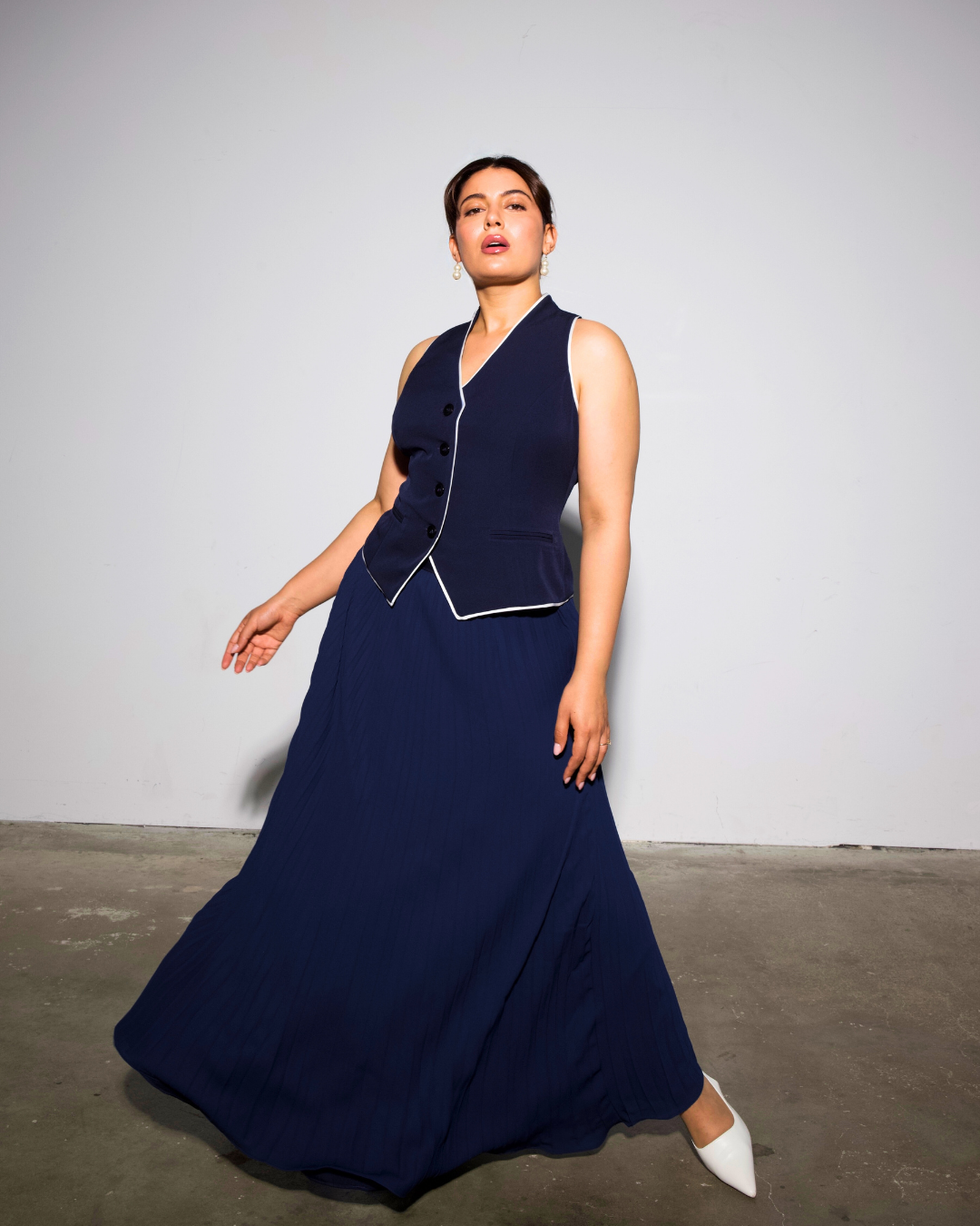 The Aurora Waistcoat & Blue Pleated Skirt Set