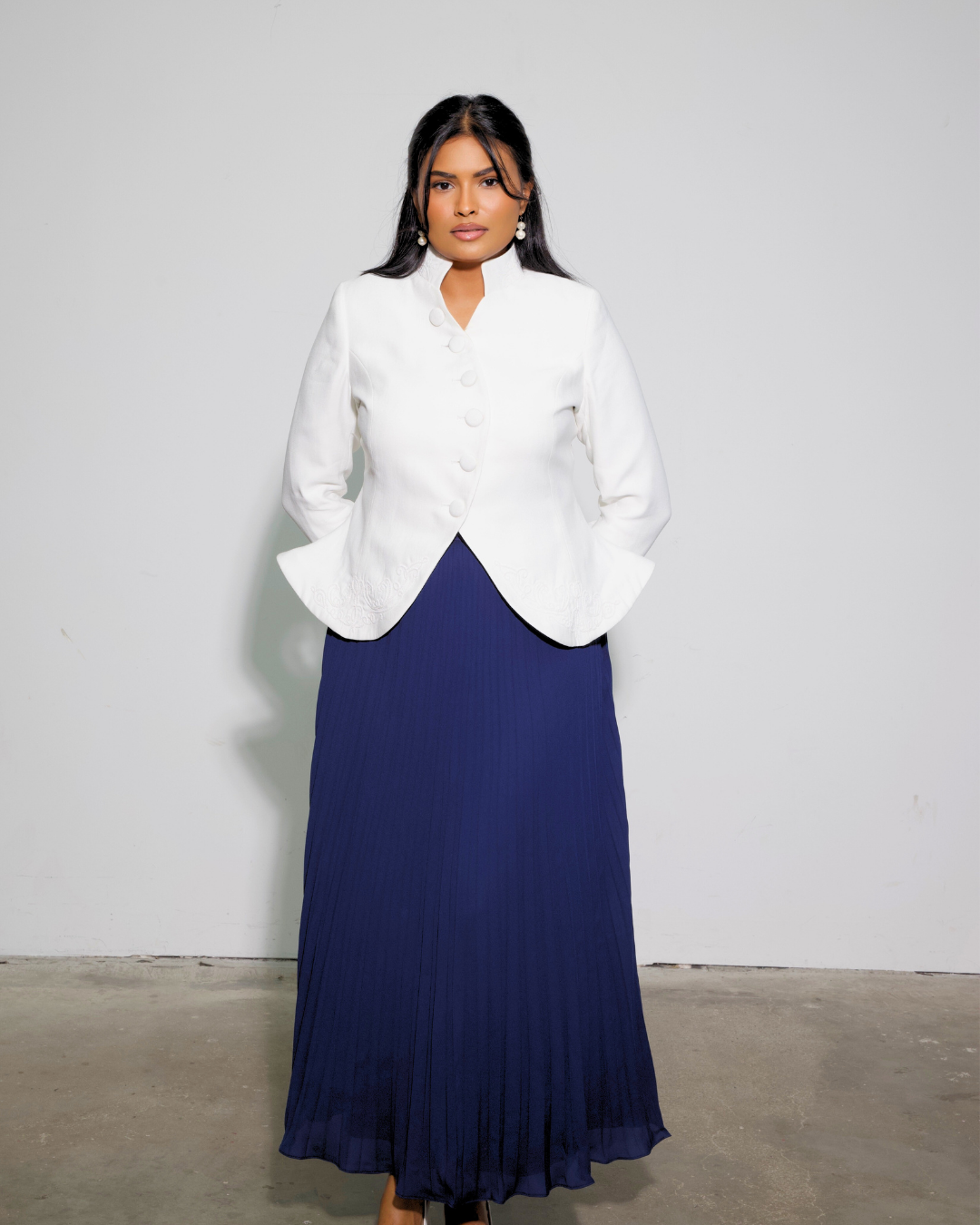 The Noor Embroidered Blazer & Blue Pleated Skirt Set