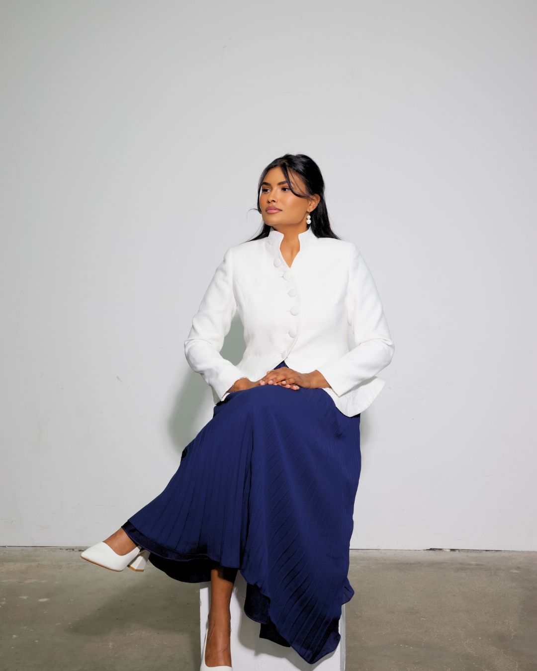 The Noor Embroidered Blazer & Blue Pleated Skirt Set
