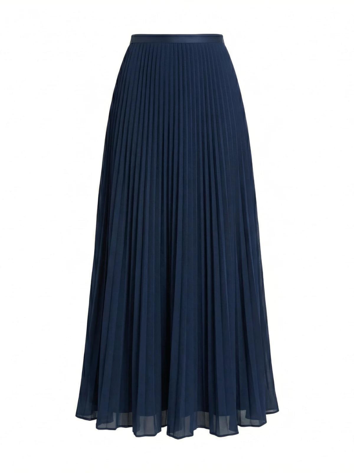 The Zahra Blue Skirt, full length — soft structured pleats falling from a clean high waist
