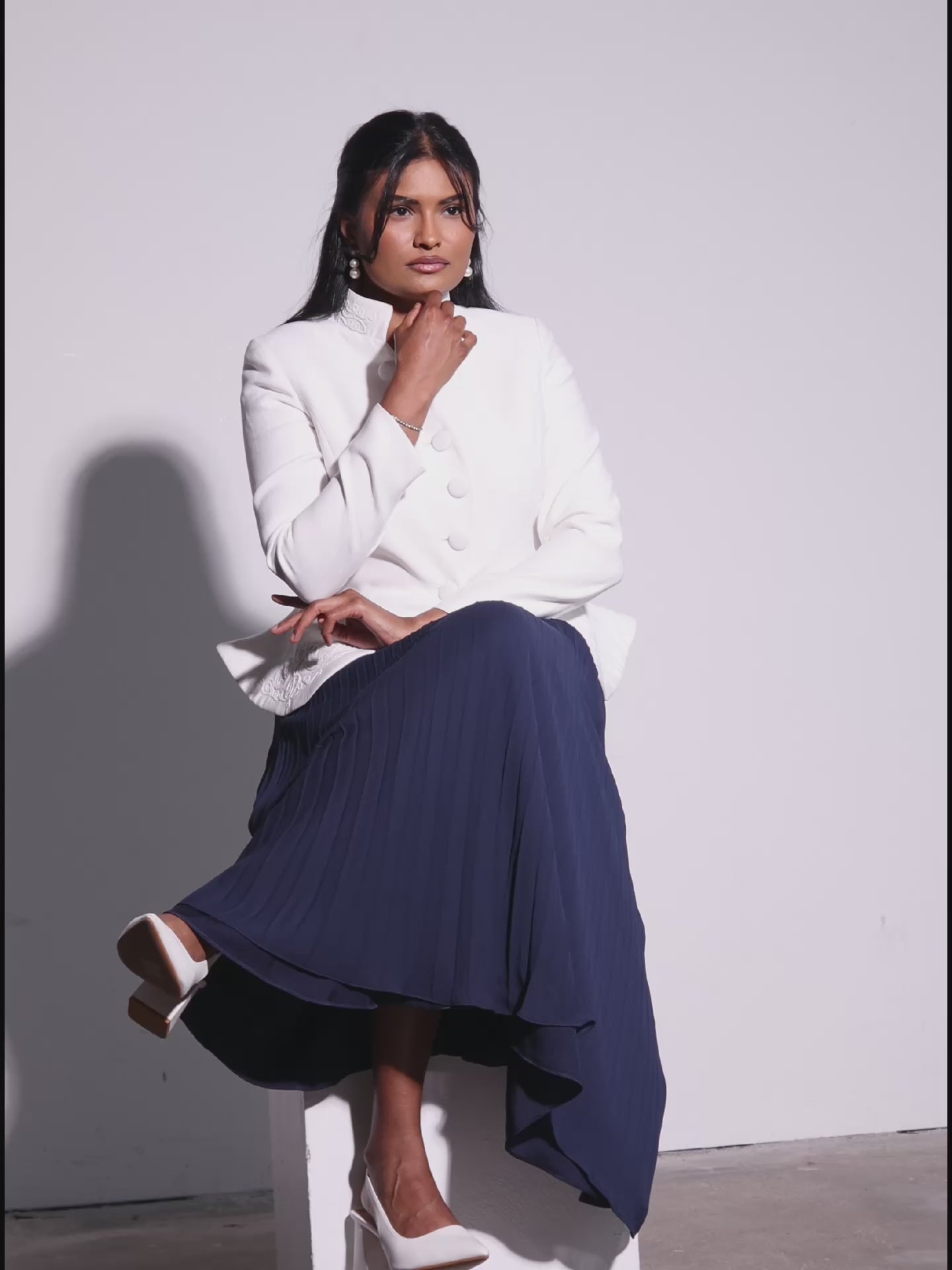 The Noor Embroidered Blazer & Blue Pleated Skirt Set